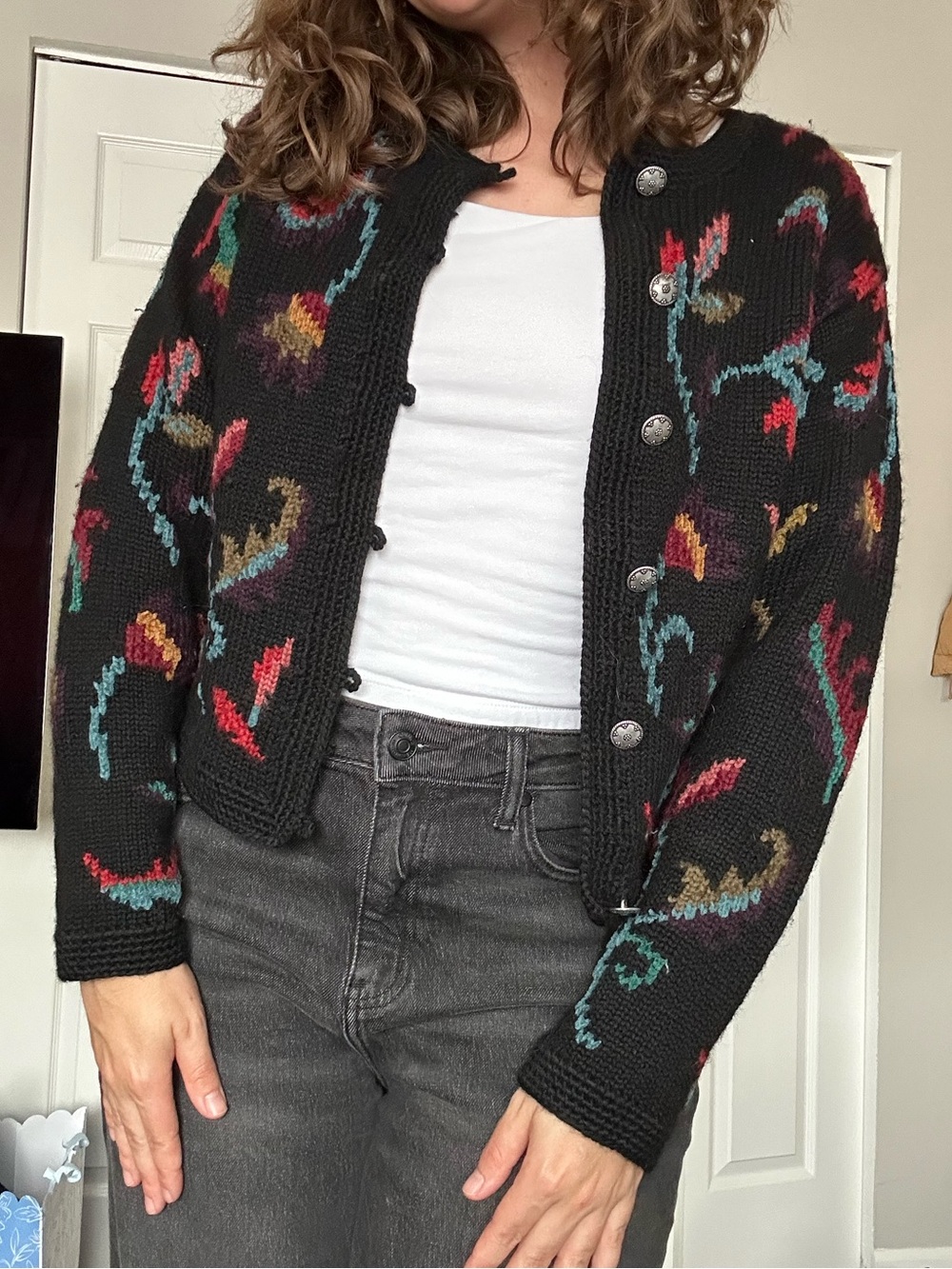 Wool Cardigan Embroidered Knit Flowers